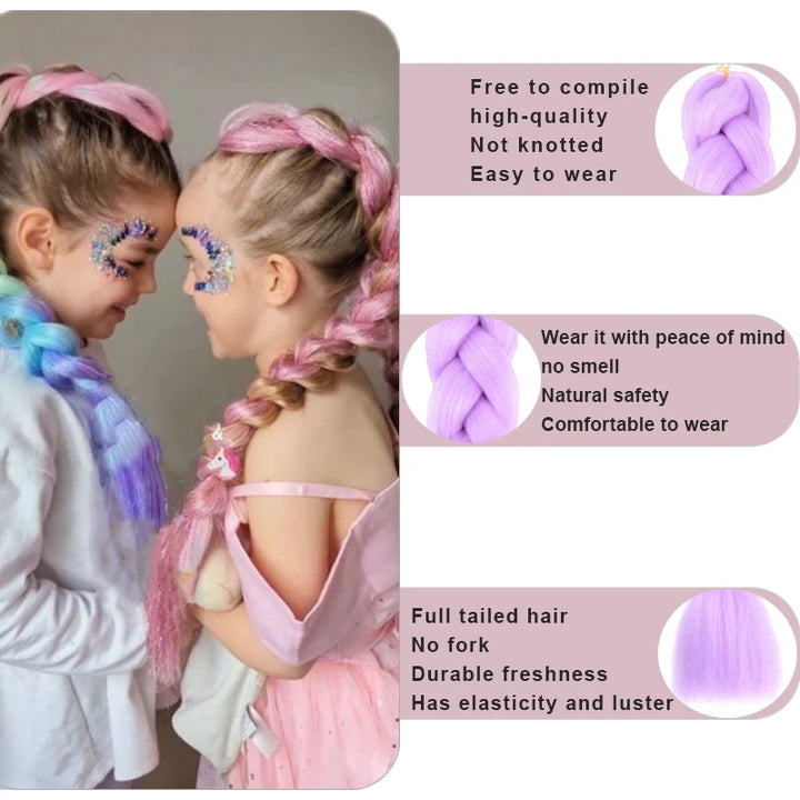 Two children with braided hairstyles and text about hair product features.