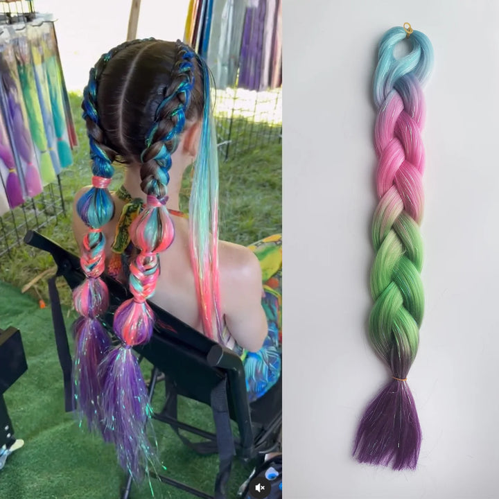 Colored Ombre Braiding Hair – Yaki Straight Jumbo Braids with Tinsel, Festival & Rave Hair Extensions for Girls (Crazy Hair Day)