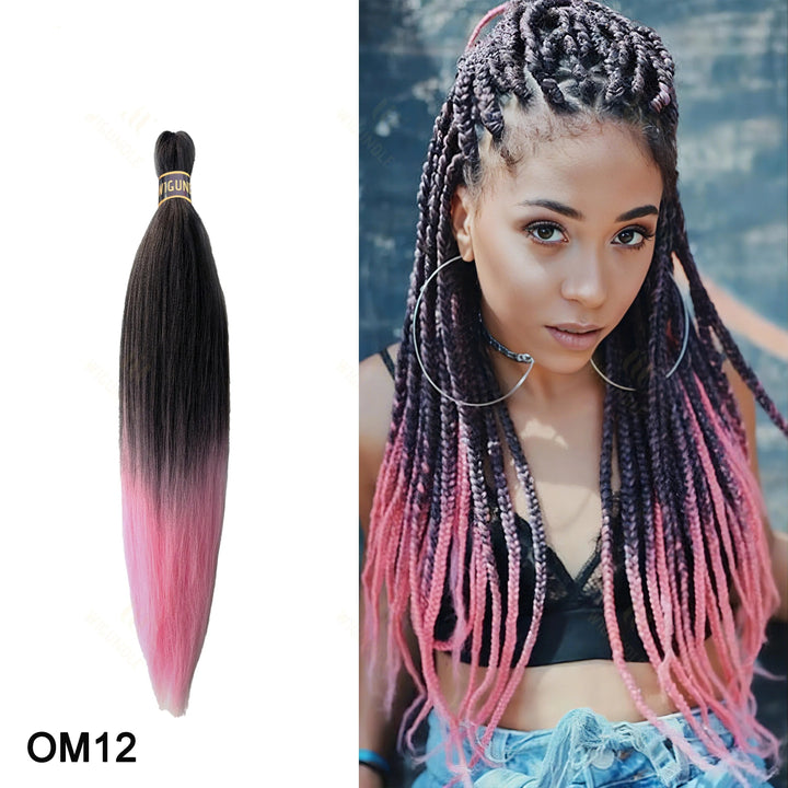 Hair extension with ombre black to pink color and a model wearing braided hair with similar color scheme.