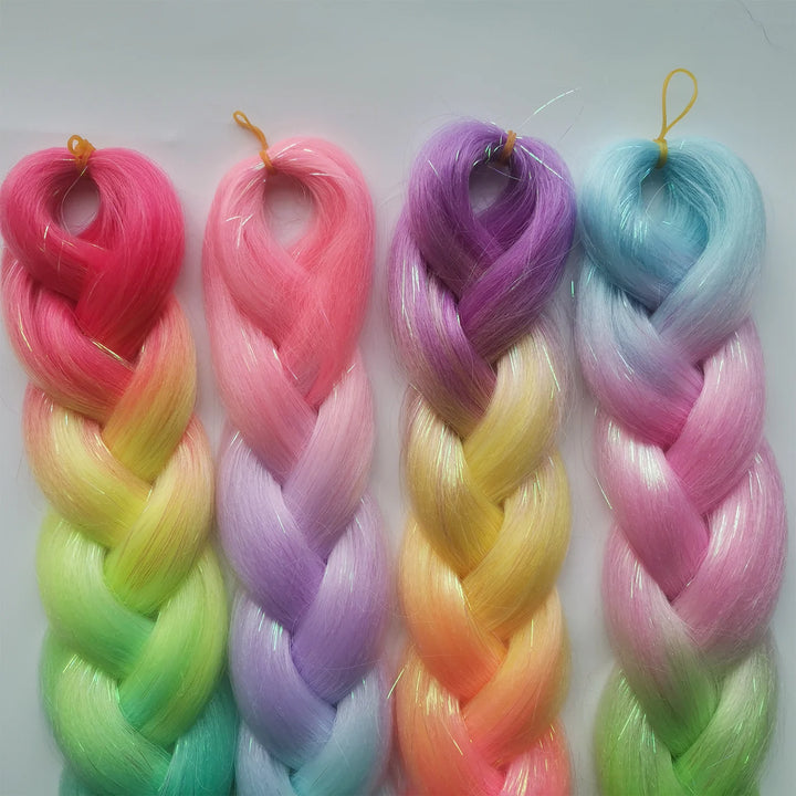 Colored Jumbo Braiding Hair with Mixed Tinsels – 24 Inch Ombre Braids, 4-Tone Synthetic Hair for Festivals & Raves (Girls & Kids)