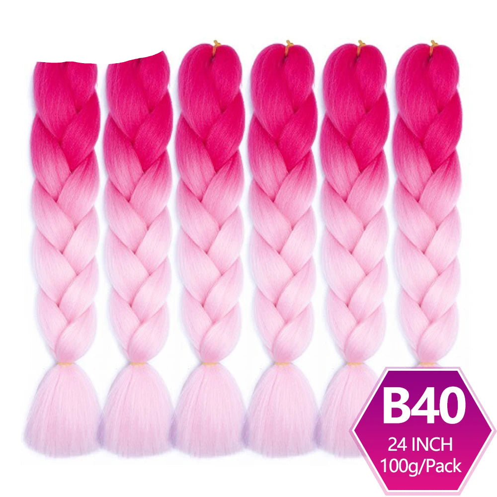 Five braided hair extensions with pink and purple gradient