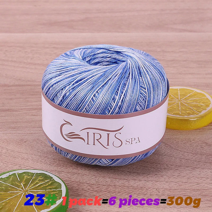 300g No.6 Mercerized Cotton Lace Yarn (6 Pieces) – Gradient Dyed Crochet Yarn for Shawls, Summer Sweaters & Knitwear