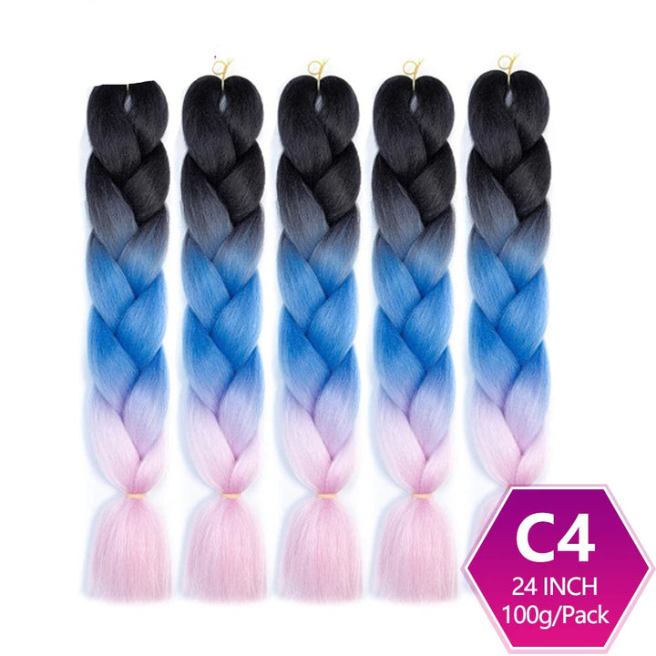 Set of six braided hair extensions with gradient color from black to blue to pink