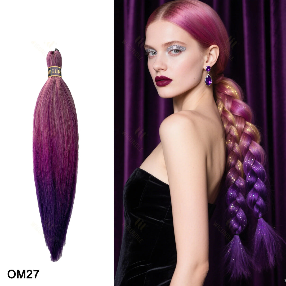 Purple hair extensions with a model wearing them