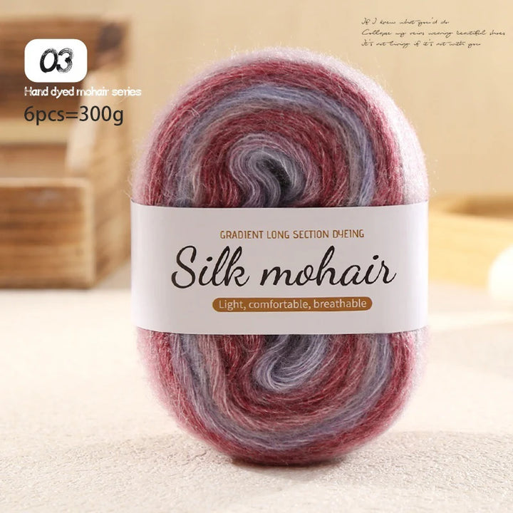 300g Rainbow Gradient Silk Mohair Yarn – Section Dyed Knitting Yarn (6 Pieces/Bag)
