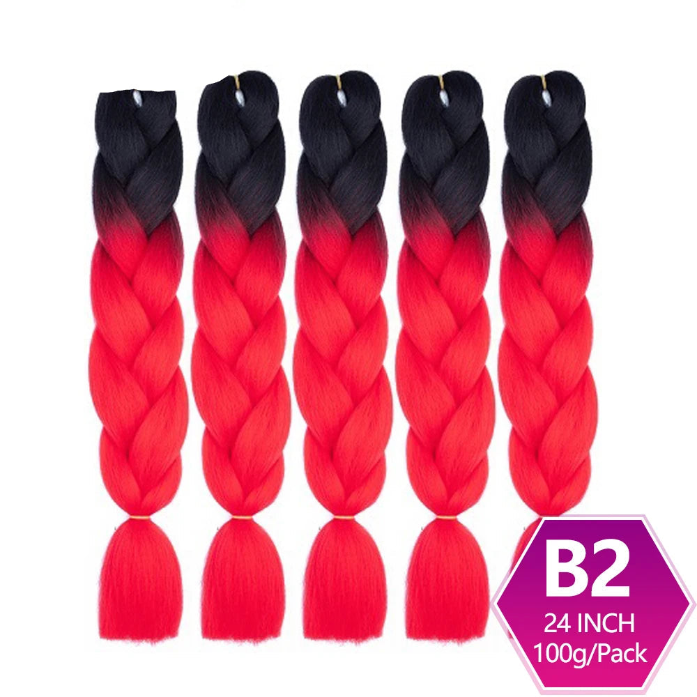 Five braided hair extensions with black to red gradient, branded 