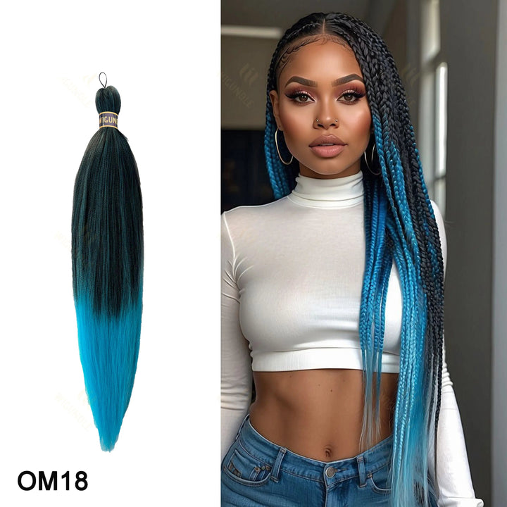 Blue and black ombre hair extension with on a white background, next to a model wearing the hair.