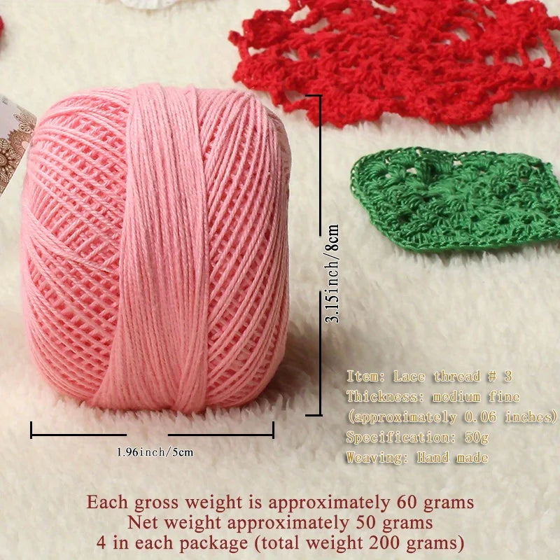 No. 3 Pearl Lace Cotton Thread (4 Pack / 200g) – Fine Hand-Knitting & Crochet Yarn for Shawls, Hats & Summer Outwear