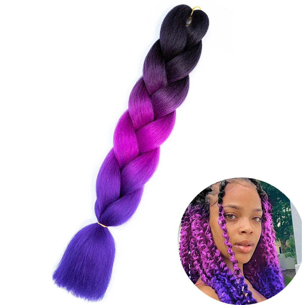 🌈 Synthetic Braiding Hair 24 Inch – Jumbo Ombre Braid Extensions (Purple, Pink, Yellow, Red)