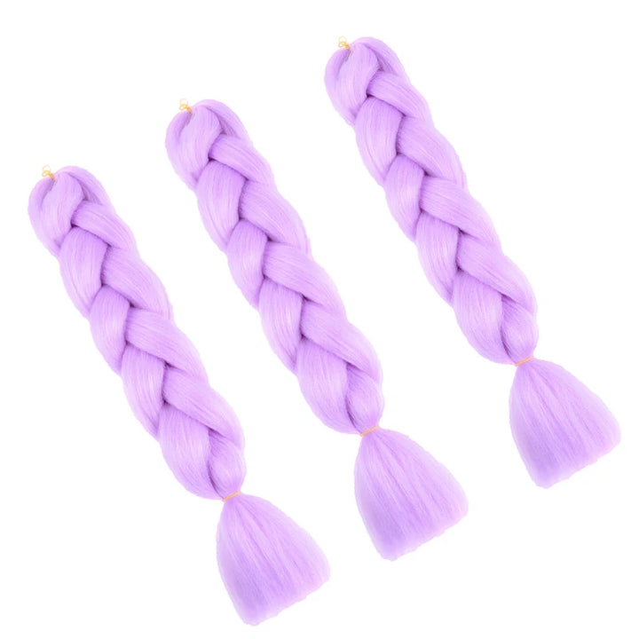 Three braided purple hair extensions on a white background