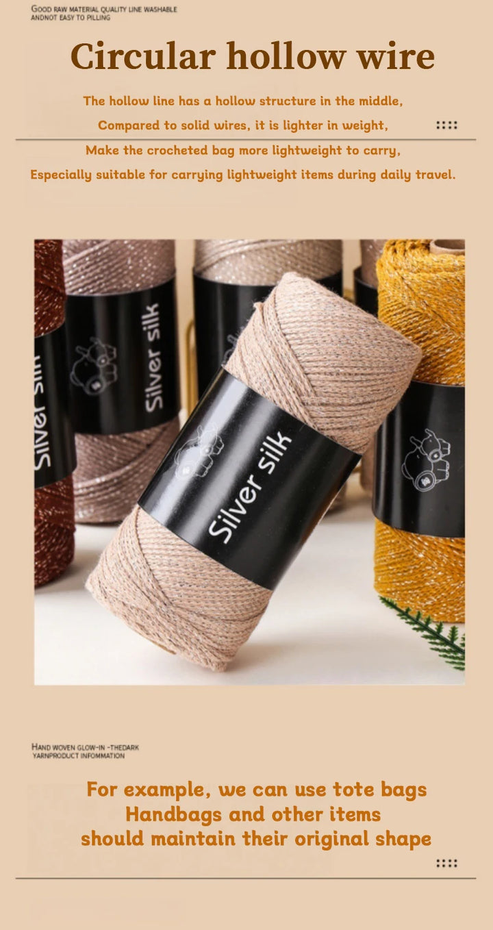 300g Shiny Silver Silk Hollow Yarn – Polyester Crochet Yarn for Bags, Hats, Shoes & DIY Crafts
