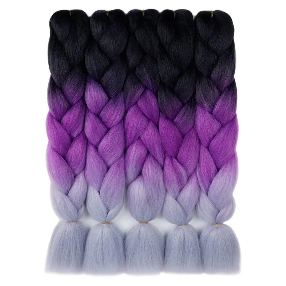 Braided hair extensions with black, purple, and gray gradient on a white background