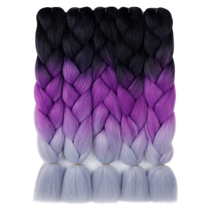 Braided hair extensions with black, purple, and gray gradient on a white background