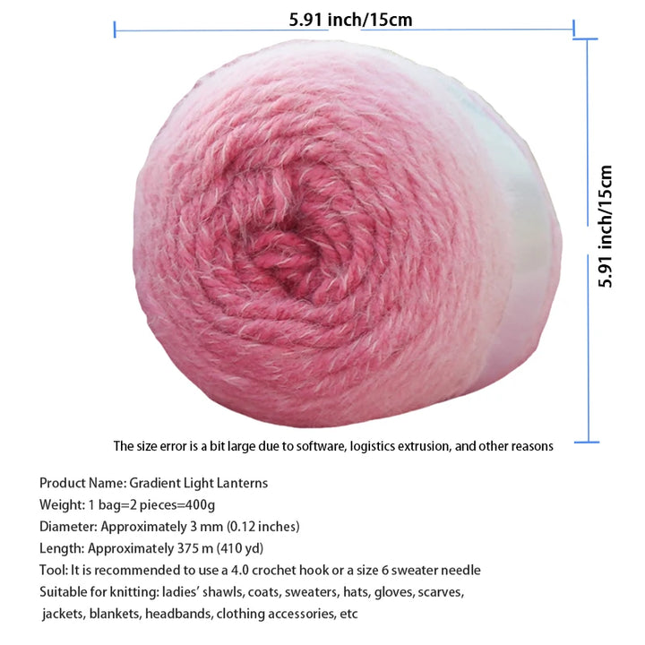 Pink gradient yarn ball with measurements on a white background