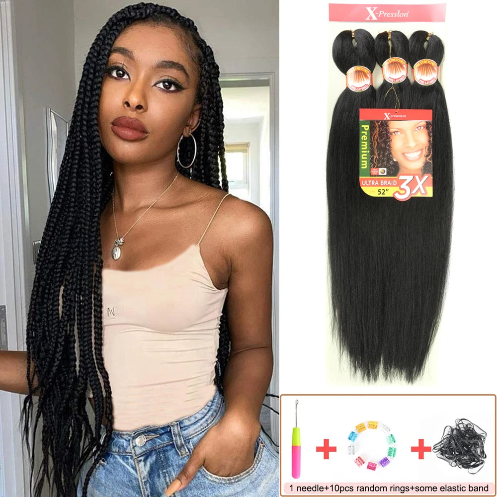 Woman with styled hair next to a package of hair extensions.