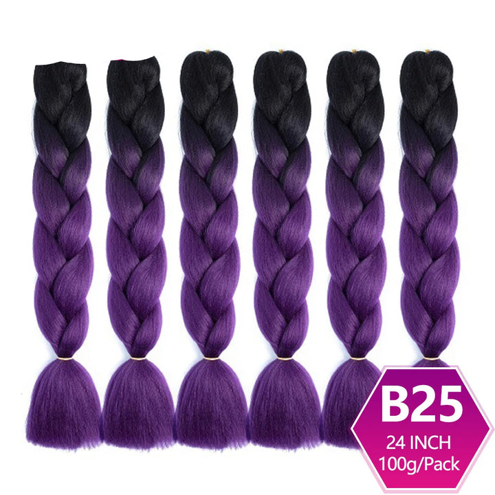 Purple and black braided hair extensions with on a white background.