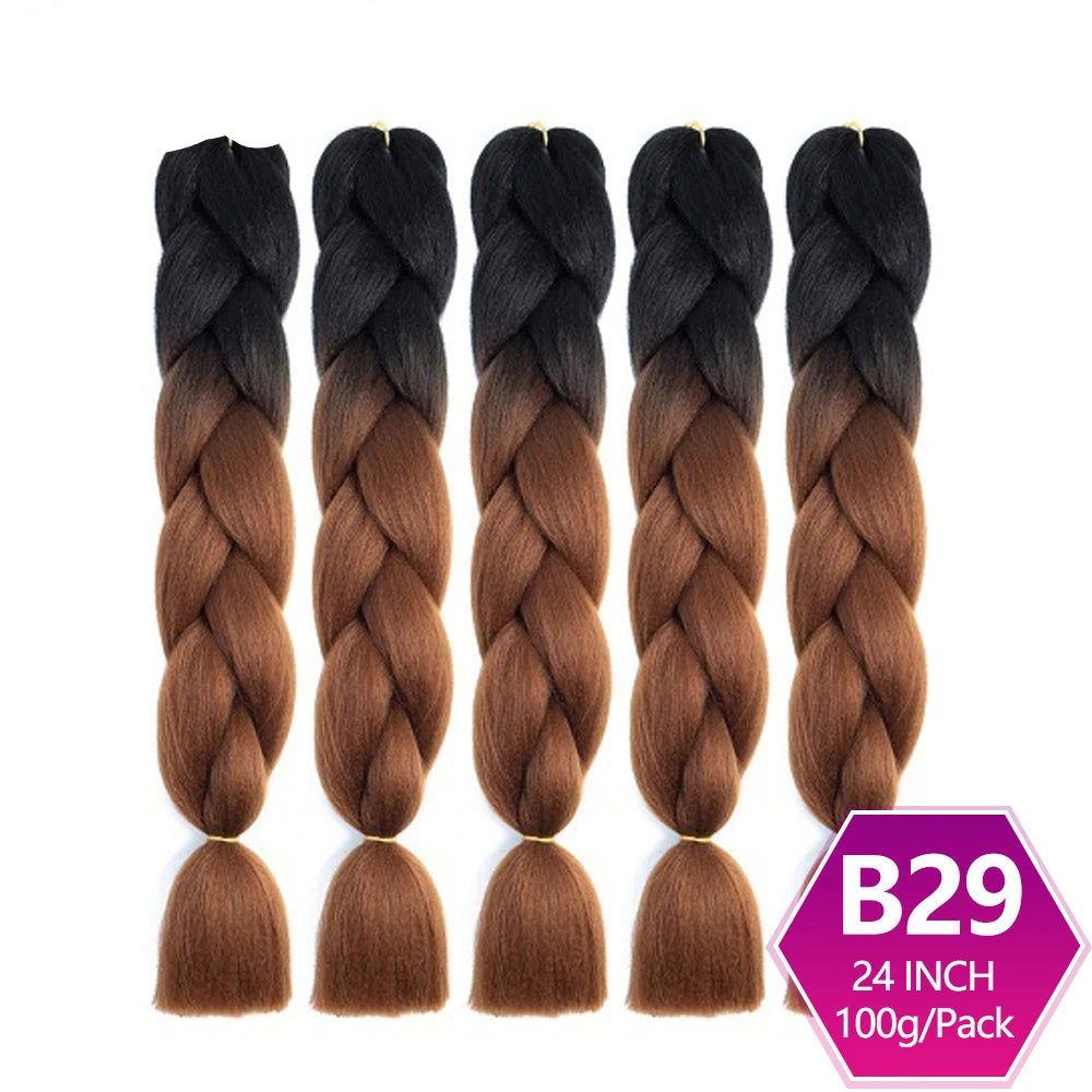 Five braided hair extensions with gradient color from black to brown, 