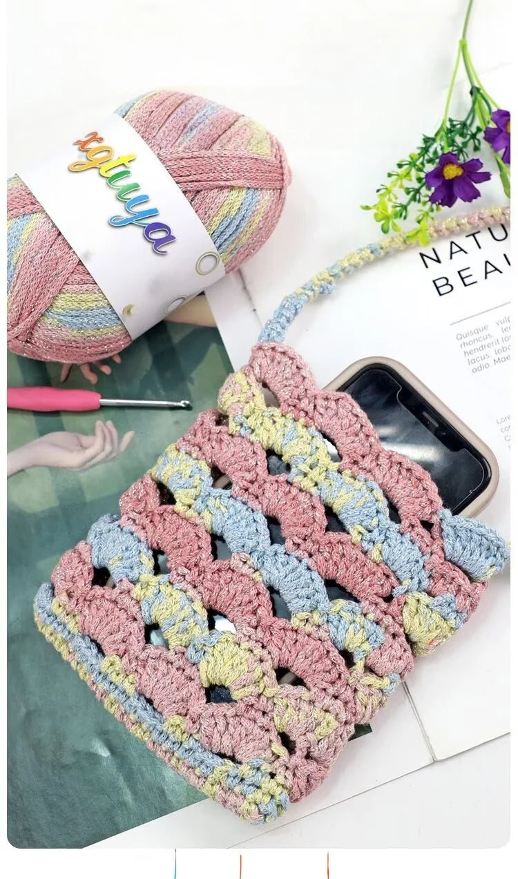 Shiny Gradient Hollow Yarn – Colorful Knitting Yarn for Handmade Accessories, Bags & DIY Crafts