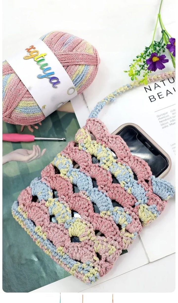 Shiny Gradient Hollow Yarn – Colorful Knitting Yarn for Handmade Accessories, Bags & DIY Crafts