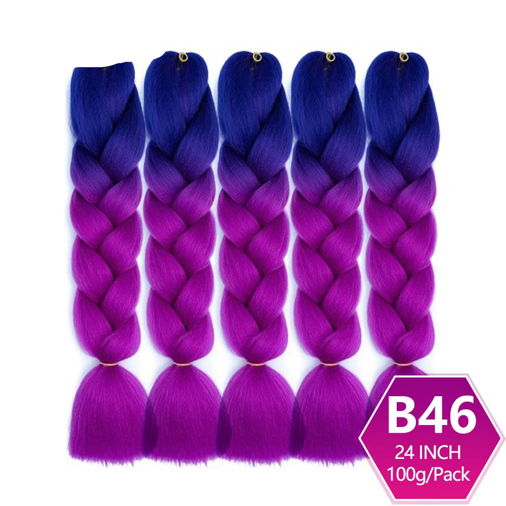 Purple and blue ombre braided hair extensions with on a white background.