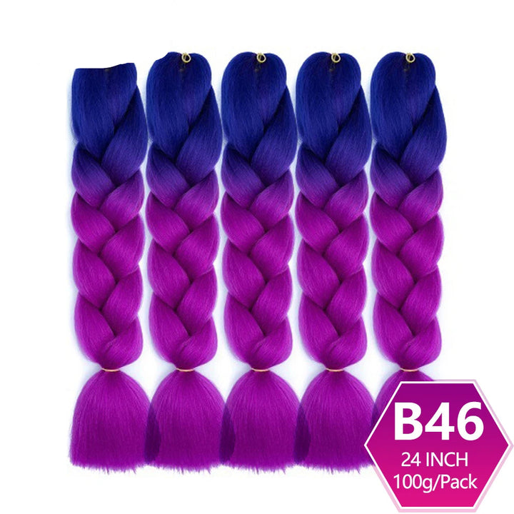 Purple and blue ombre braided hair extensions with on a white background.