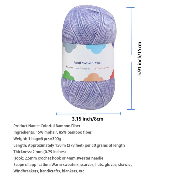 300g Colorful Bamboo Fiber Mohair Yarn Set (6 Pieces) – Soft Knitting Yarn for Sweaters, Scarves, Hats & Shawls