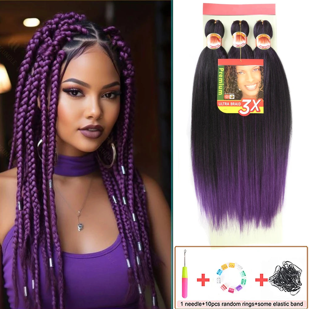 Woman with purple braided hair and a package of hair extensions with a gradient color.