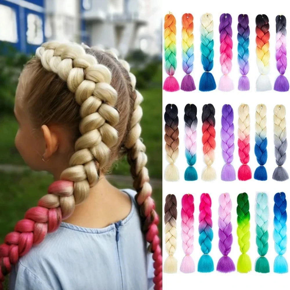 Colorful braided hair extensions with a child wearing them outdoors.
