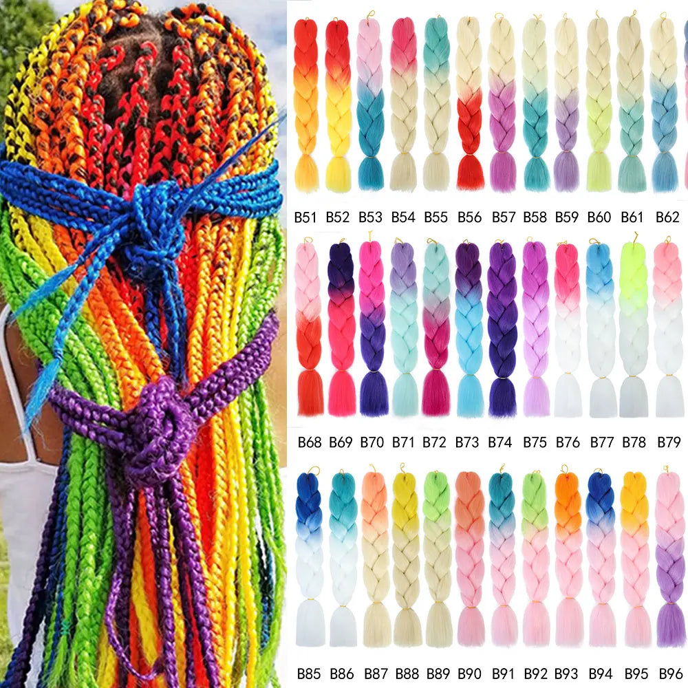 Colorful braided hair extensions with a headband and a color chart on the side.