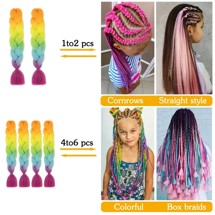 Collage of colorful braided hair extensions with different styles and quantities.