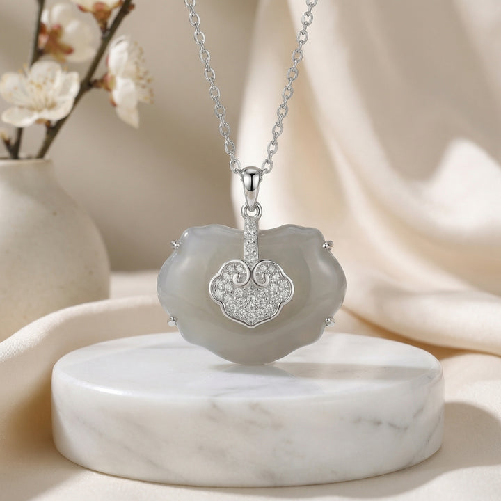 925 Sterling Silver Elegant Ruyi Longevity Lock Pendant Necklace with Gray Chalcedony and Pavé Accents