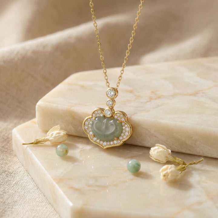 925 Sterling Silver Exquisite Green Jadeite Ruyi Pendant Necklace with Brilliant Diamond Accents