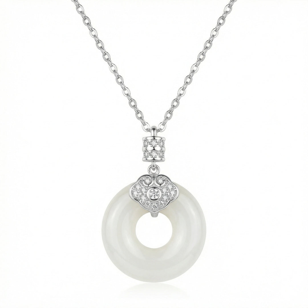 925 Sterling Silver White Jade Donut Necklace – Diamond-Accented Bail Pendant