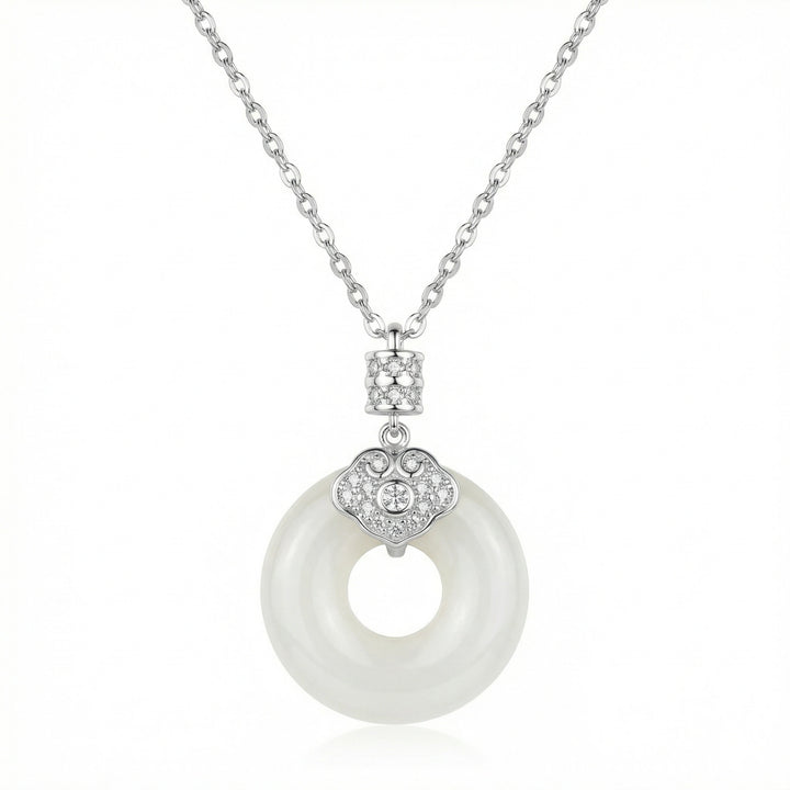 925 Sterling Silver White Jade Donut Necklace – Diamond-Accented Bail Pendant