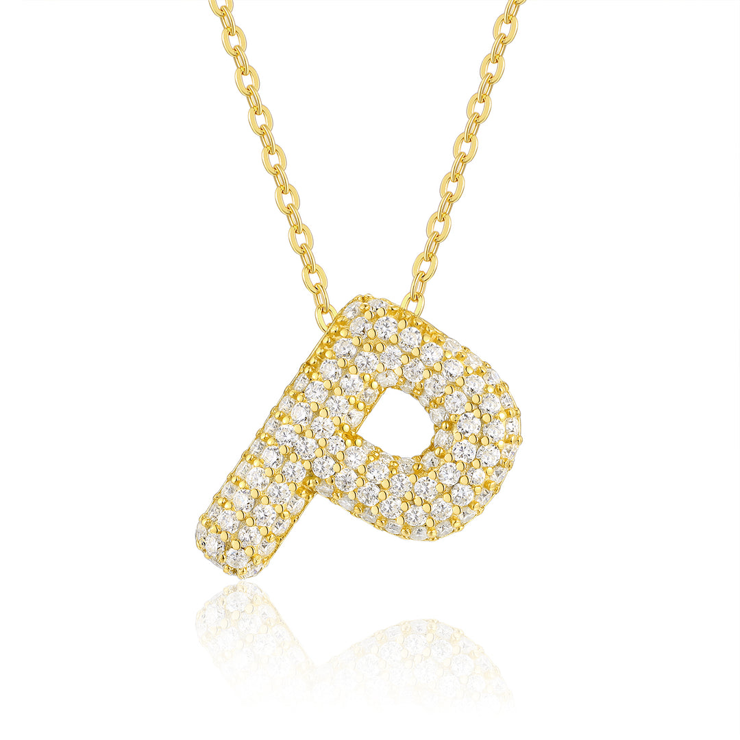 💎 Bubble Letter “P” Moissanite Pendant Necklace – Gold-Plated S925 Silver (6.2g) 💎.