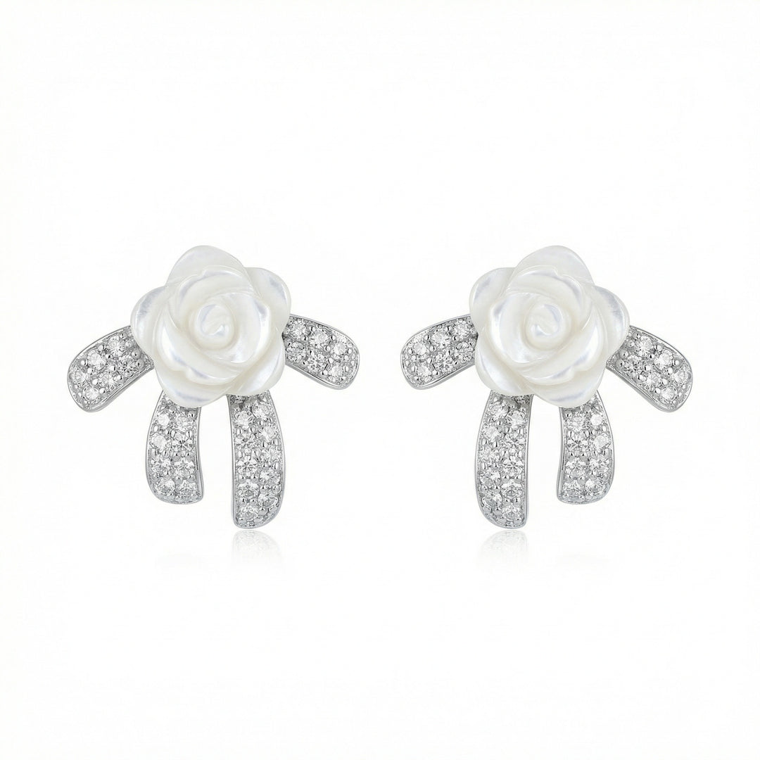 ✨ 925 Sterling Silver Mother-of-Pearl Rose & Crystal Bow Stud Earrings ✨