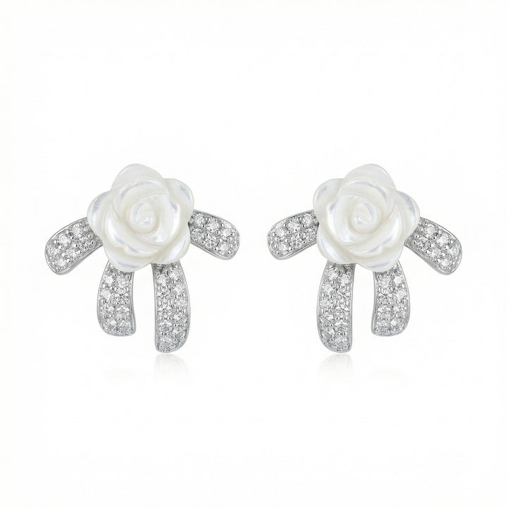 ✨ 925 Sterling Silver Mother-of-Pearl Rose & Crystal Bow Stud Earrings ✨