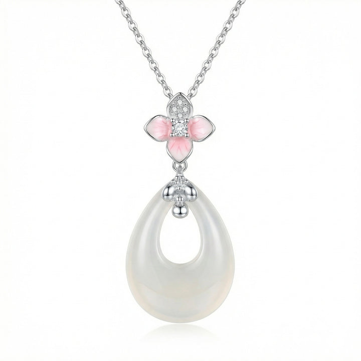 925 Sterling Silver Elegant Cherry Blossom and White Teardrop Stone Pendant Necklace