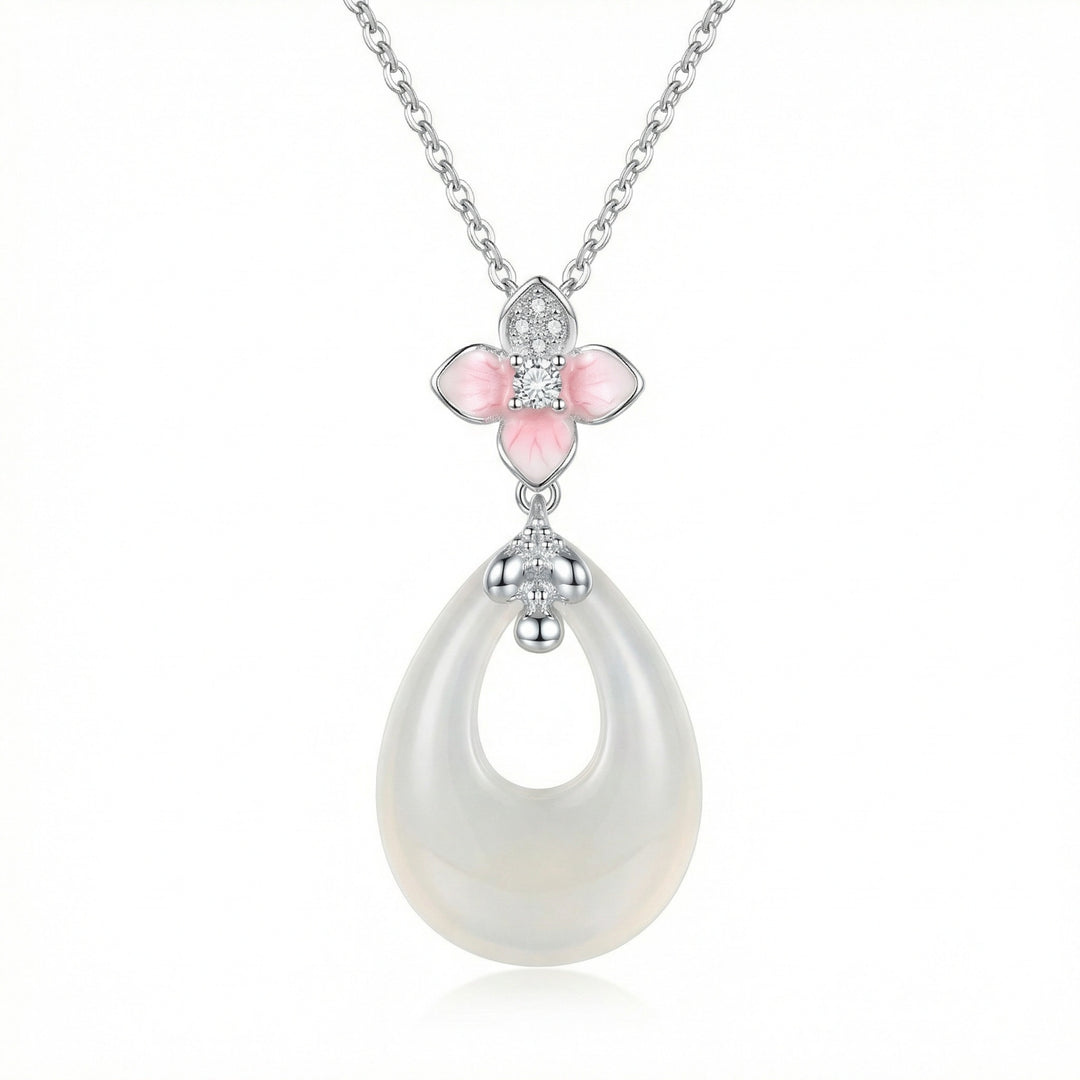 925 Sterling Silver Elegant Cherry Blossom and White Teardrop Stone Pendant Necklace