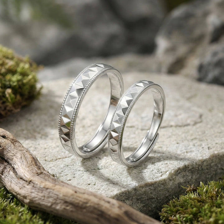 925 Sterling Silver Elegant Pyramid-Studded Adjustable Couple Rings Set