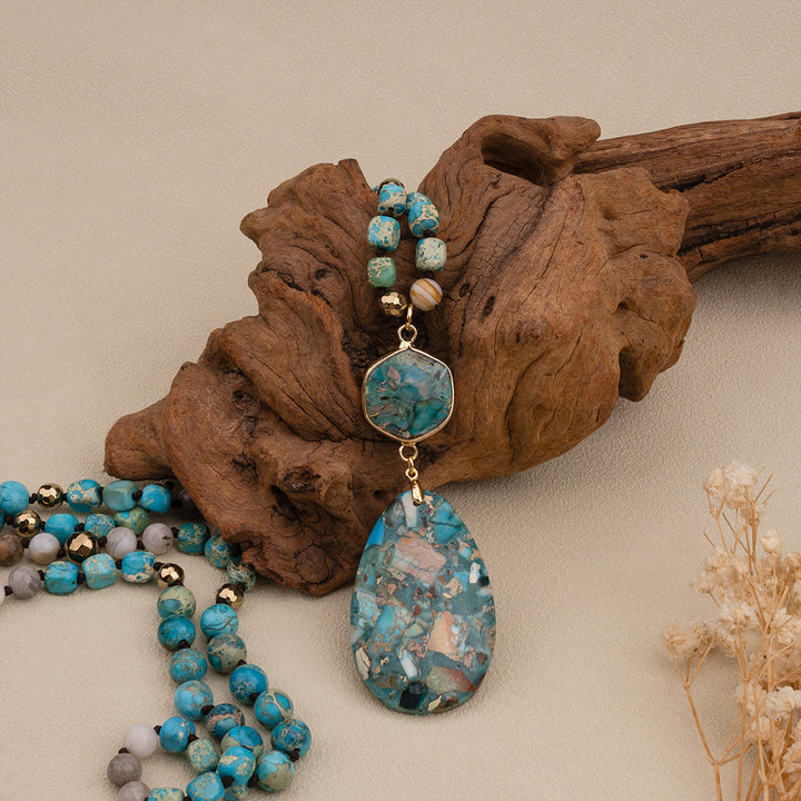 Bohemian Natural Stone Blue Teardrop Knotted Necklace – Handmade Turquoise Jewelry