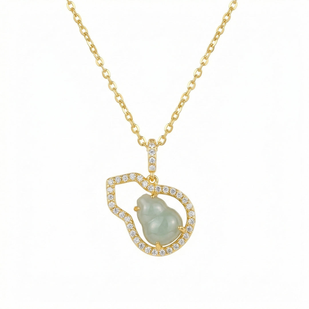 ✨ 925 Sterling Silver Elegant Jadeite Wu Lou Gourd Pendant Necklace with Shimmering Diamond Frame ✨
