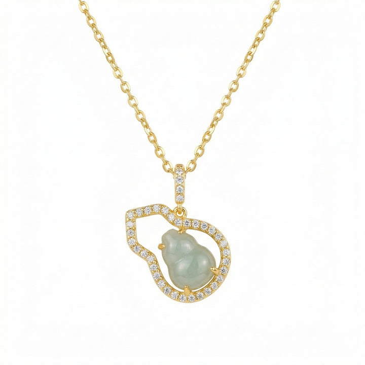 ✨ 925 Sterling Silver Elegant Jadeite Wu Lou Gourd Pendant Necklace with Shimmering Diamond Frame ✨