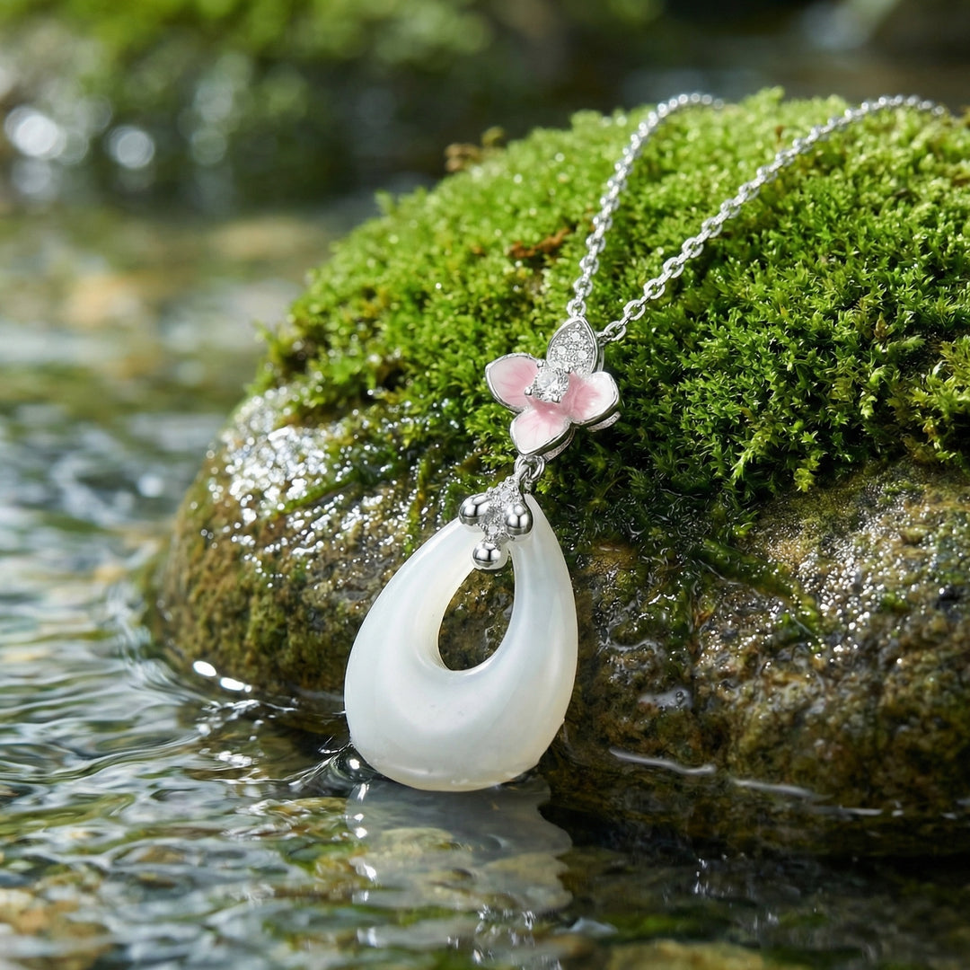 925 Sterling Silver Elegant Cherry Blossom and White Teardrop Stone Pendant Necklace