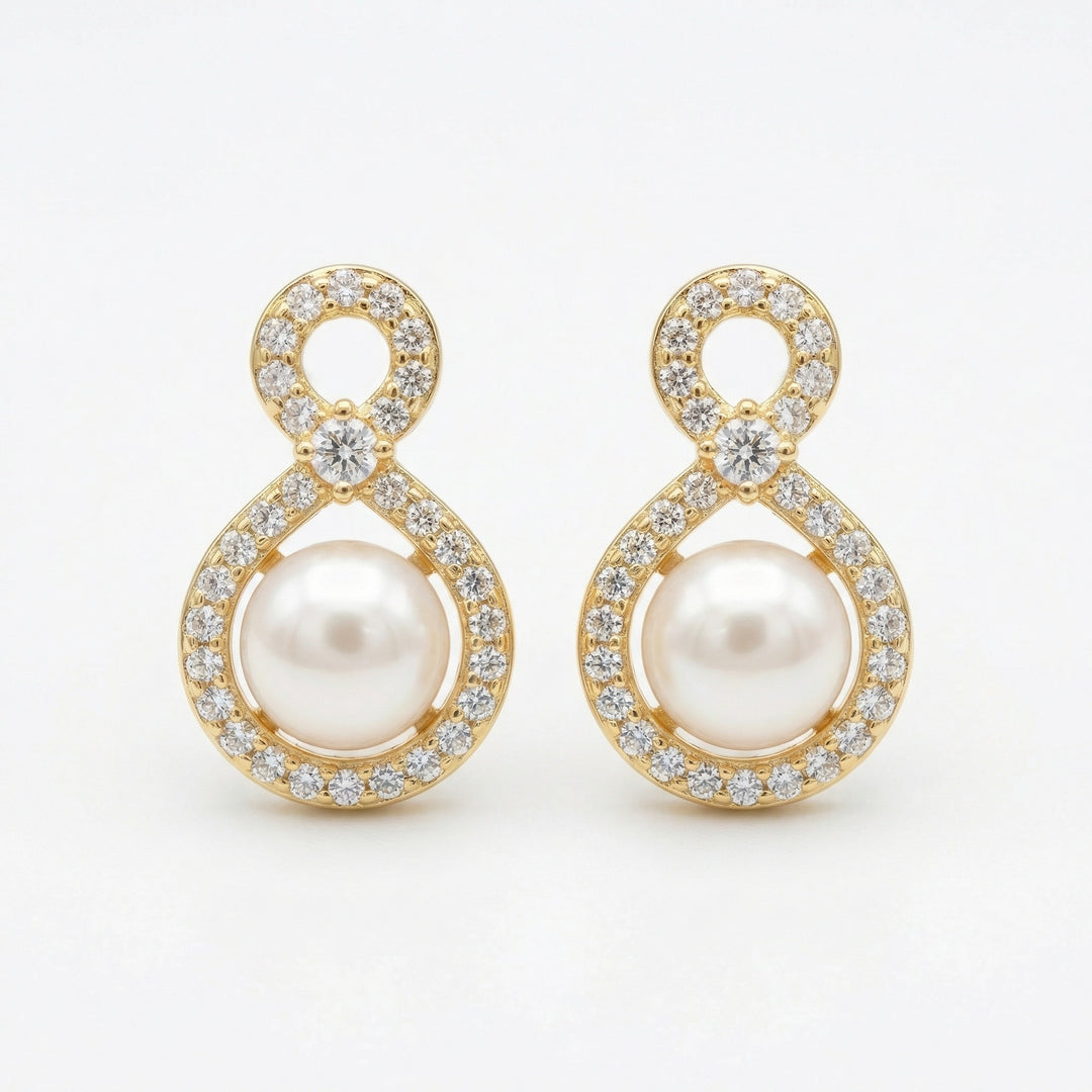 ✨ 925 Sterling Silver Pearl & Diamond Infinity Figure-Eight Stud Earrings ✨