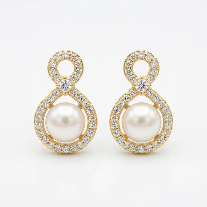 ✨ 925 Sterling Silver Pearl & Diamond Infinity Figure-Eight Stud Earrings ✨
