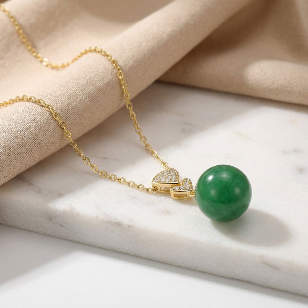 925 Sterling Silver Radiant Green Jade Orb Necklace – Geometric Diamond Accents
