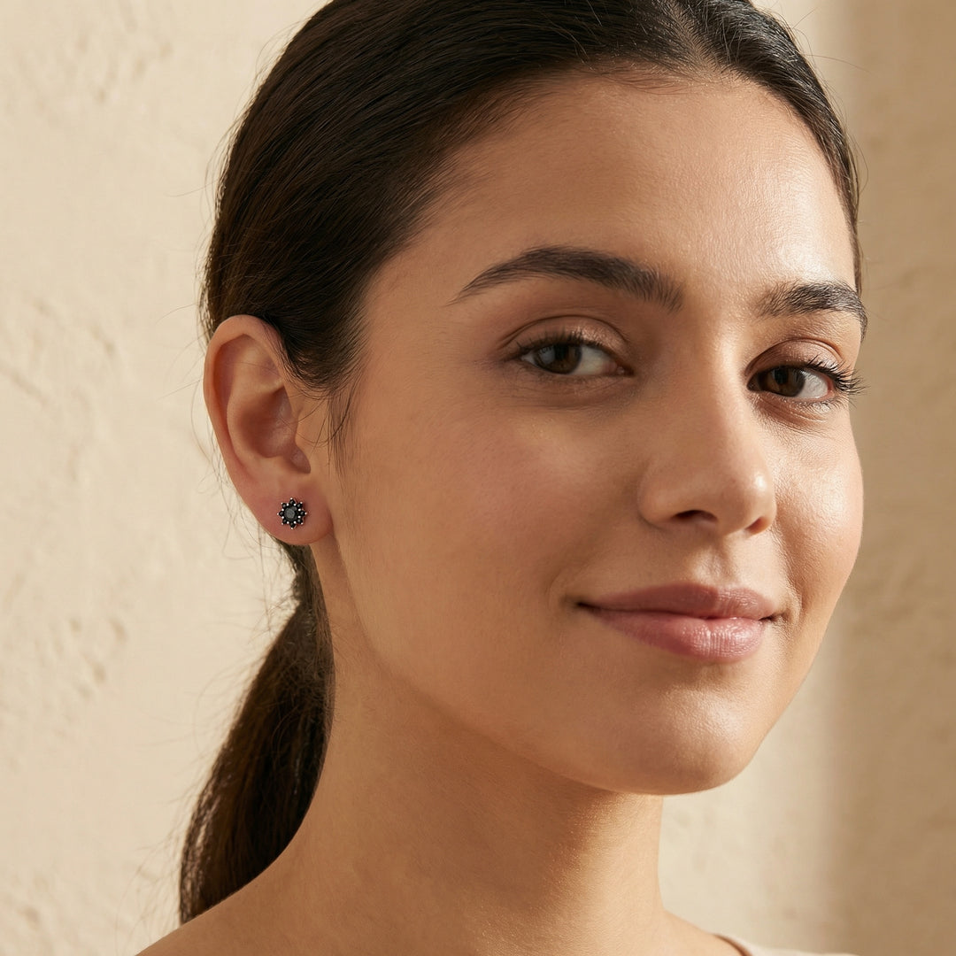 ✨ 925 Sterling Silver Black Diamond Floral Cluster Stud Earrings ✨