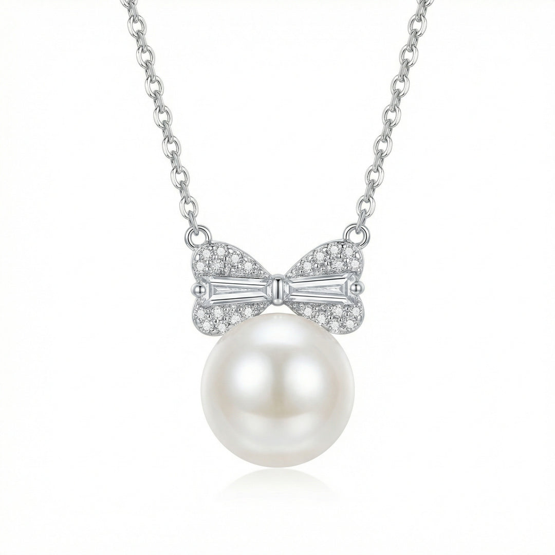 🎀 925 Sterling Silver Elegant Pearl Bow Pendant Necklace with Shimmering Diamonds 🎀