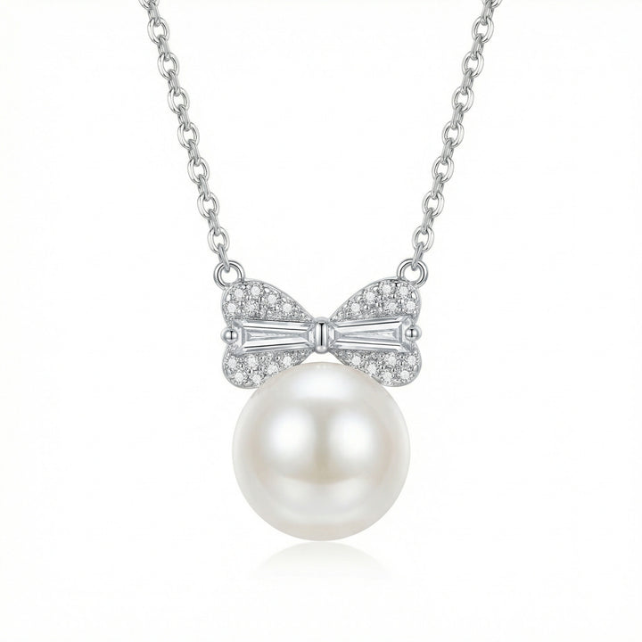 🎀 925 Sterling Silver Elegant Pearl Bow Pendant Necklace with Shimmering Diamonds 🎀
